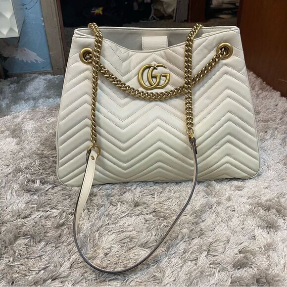 Gucci Marmont Chevron Large Leather Chain Strap Tote Bag in Natural White Ivory - Picture 11 of 17